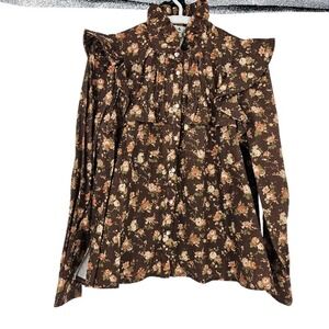 Tuckernuck Winnie Blouse Brown Floral Ruffles Collared Button Down Top Size M